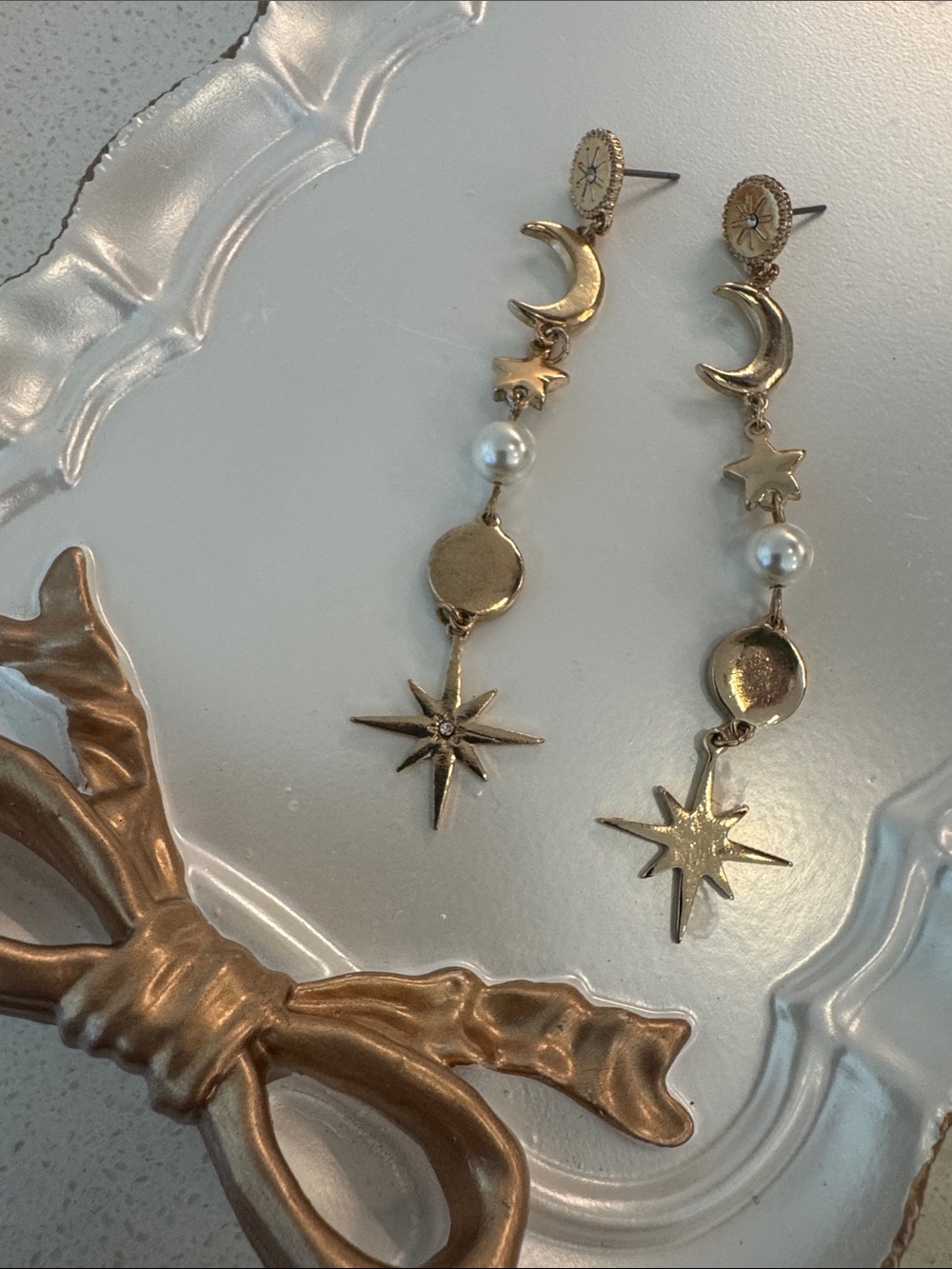5/22 Gold Moon & Star Dangle Earrings with Pearls